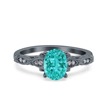 Art Deco Oval Engagement Black Tone, Simulated Paraiba Tourmaline CZ 925 Sterling Silver